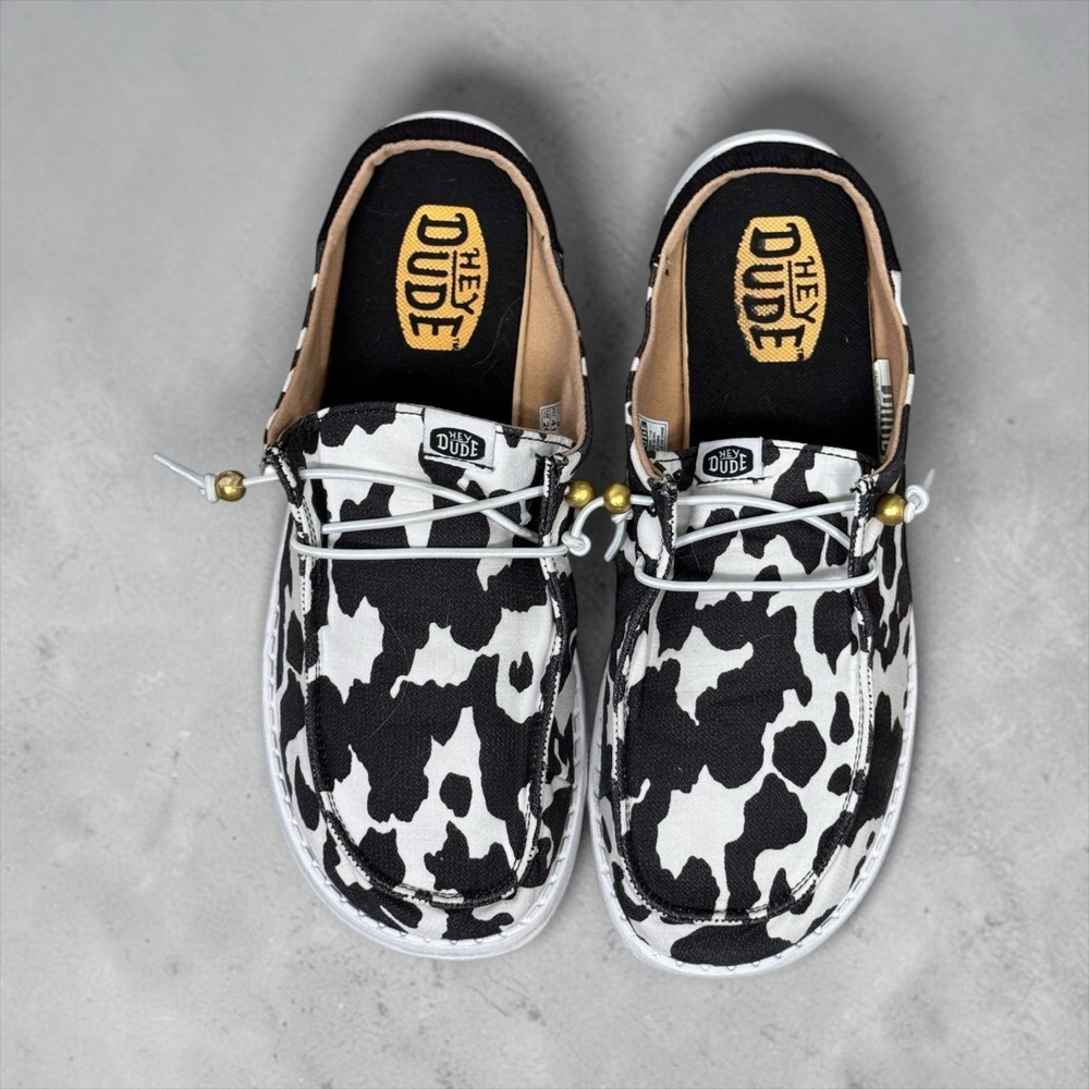 10 Hey Dude Cow Print Slip On Shoes Womens Casual Lightweight - Picture 3 of 10